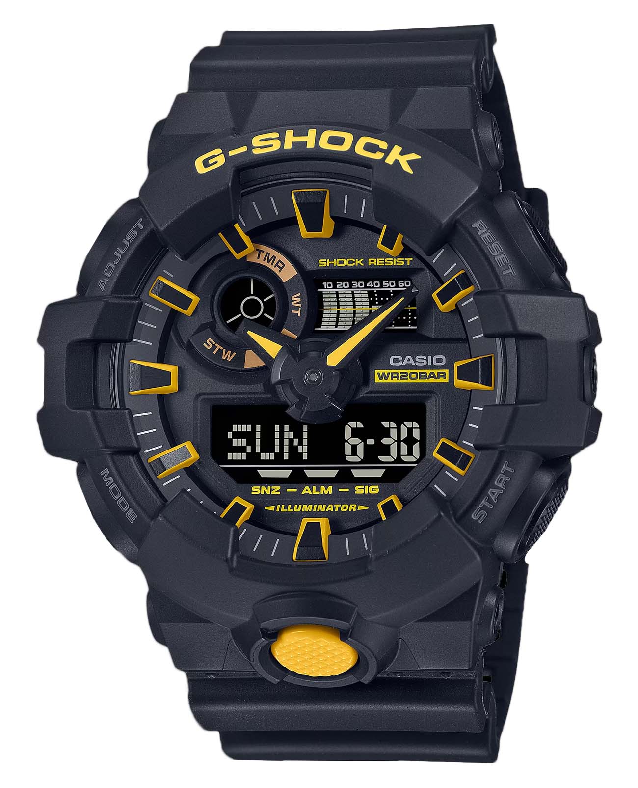 Casio Casio G-Shock GA-700CY-1ADR (GA-700CY-1A) GA-700 GA-700CY-1A электронные мужские часы черный циферблат, браслет пластик — вид спереди