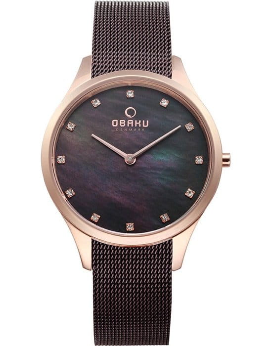 Obaku Obaku Fin Walnut V217LXVNMN  V217LXVNMN кварцевые женские часы перламутровый циферблат, браслет сталь с ip покрытием — вид спереди