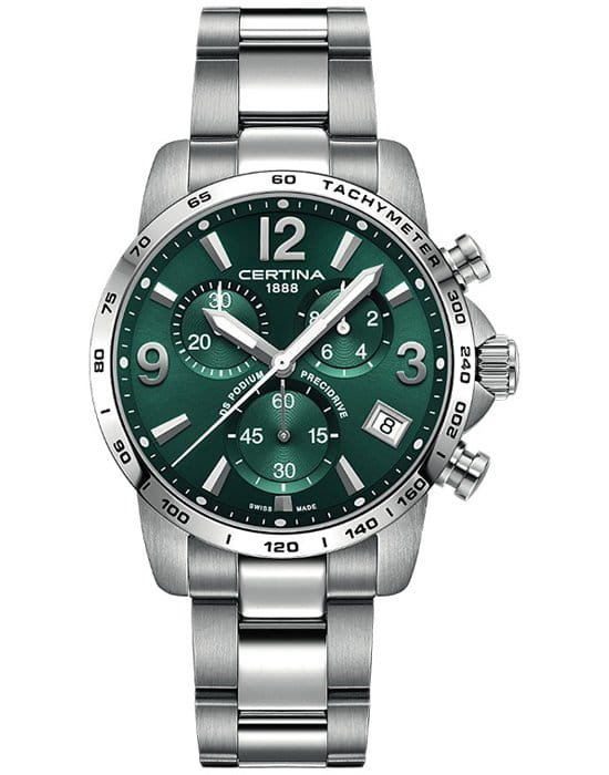 Certina Certina DS Podium Chronograph 1/10 sec C034.417.11.097.00  C0344171109700 кварцевые мужские часы зеленый циферблат, браслет нержавеющая сталь — вид спереди