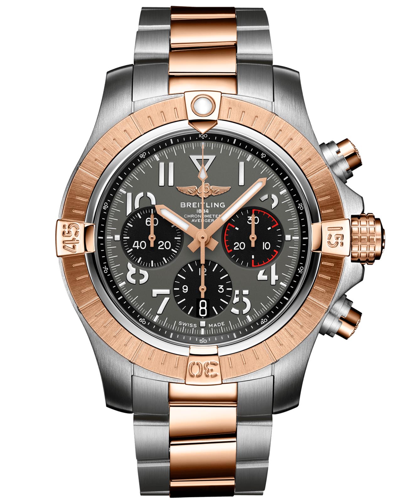 Breitling Breitling Avenger B01 Chronograph 45 UB01821A1B1U1  UB01821A1B1U1 механические мужские часы антрацитовый циферблат, браслет нержавеющая сталь + золото 18к — вид спереди