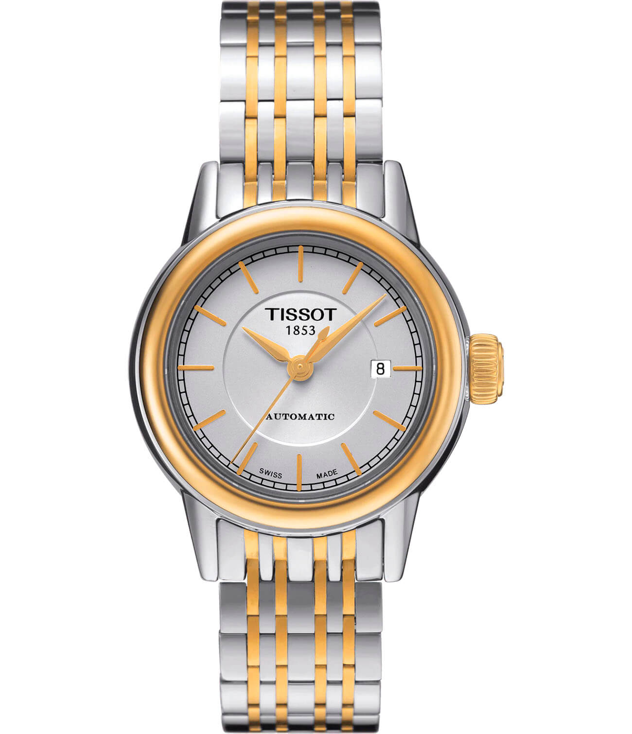 Tissot Tissot Carson Automatic Lady T085.207.22.011.00 Carson T0852072201100 механические женские часы белый циферблат, браслет сталь c pvd покрытием — вид спереди