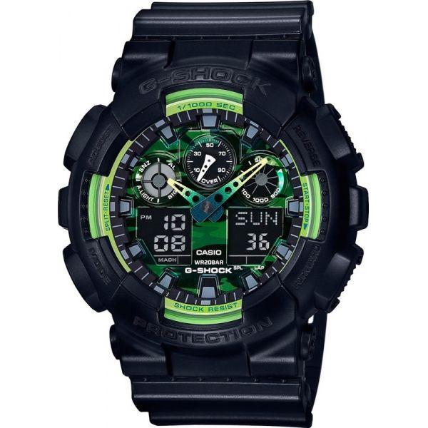Casio Casio G-Shock GA-100LY-1A GA-100 GA-100LY-1A электронные мужские часы зеленый циферблат, браслет пластик — вид спереди