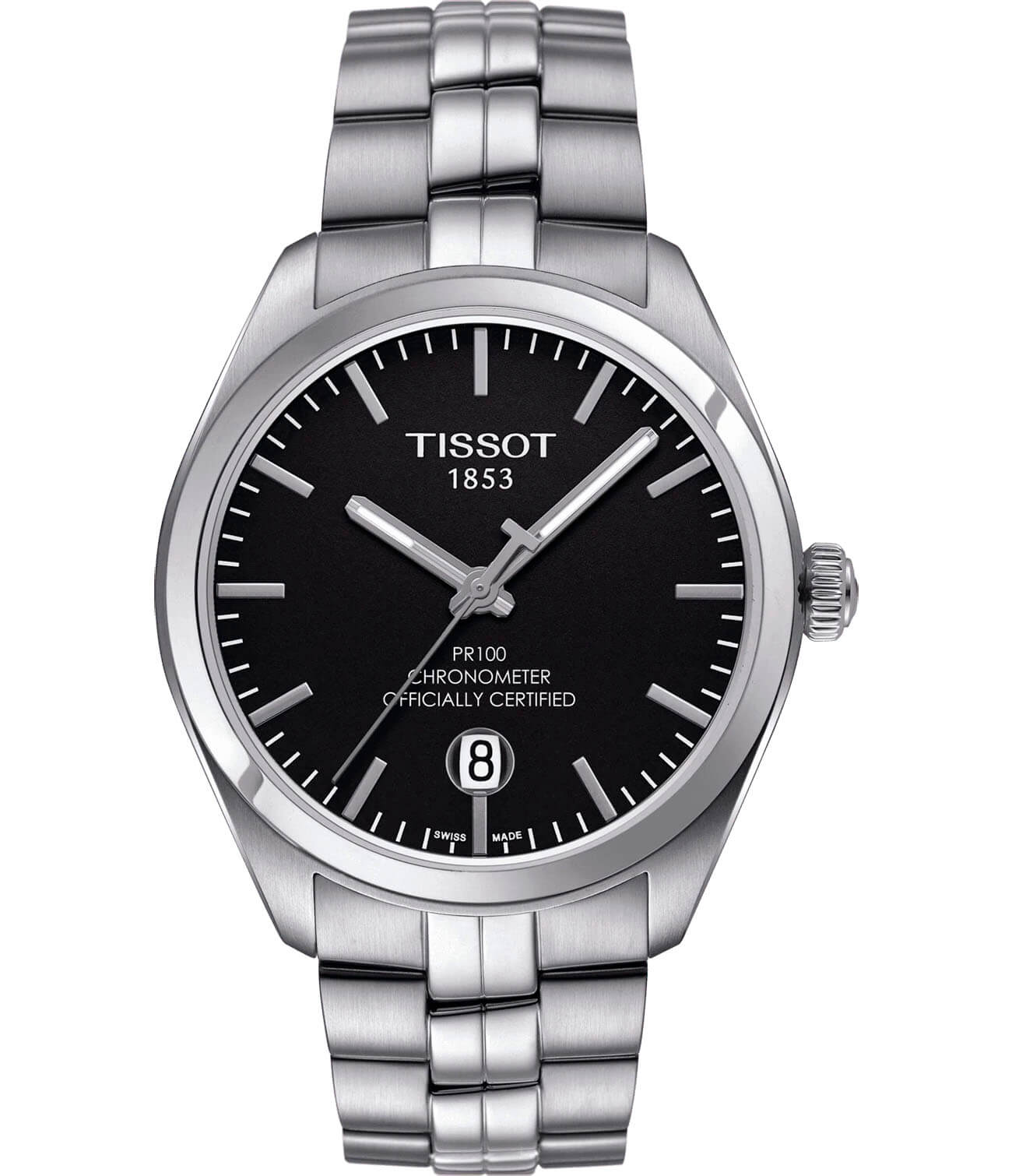Tissot Tissot PR 100 COSC T101.451.11.051.00 PR 100 T1014511105100 кварцевые мужские часы черный циферблат, браслет нержавеющая сталь — вид спереди