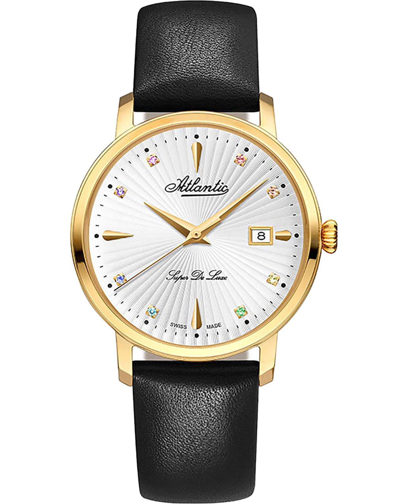 Atlantic Atlantic Super De Luxe Precious Stones Rainbow Edition 29355.45.29LBK  29355.45.29LBK кварцевые женские часы белый циферблат, браслет кожаный — вид спереди