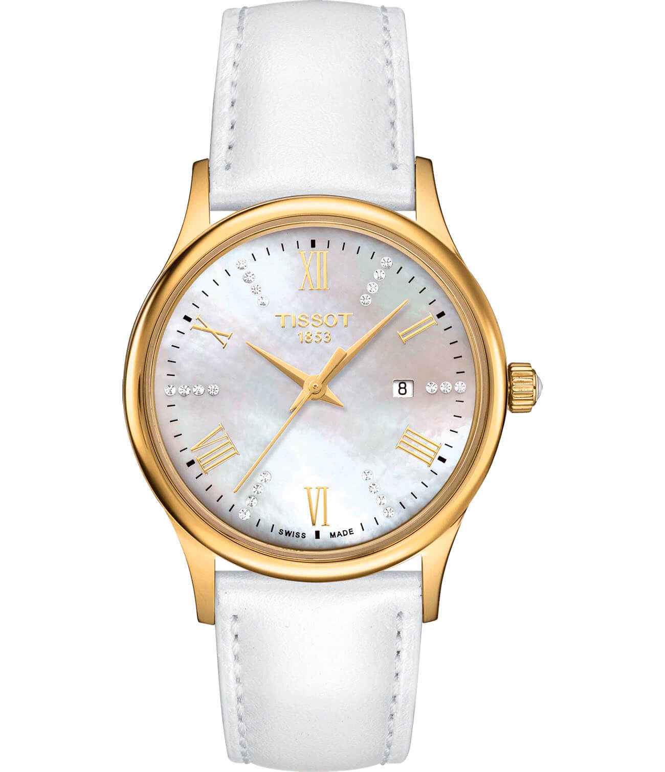 Tissot Tissot Rose Dream Lady 18K Gold T914.210.46.116.01  T9142104611601 кварцевые женские часы перламутровый циферблат, браслет кожаный — вид спереди