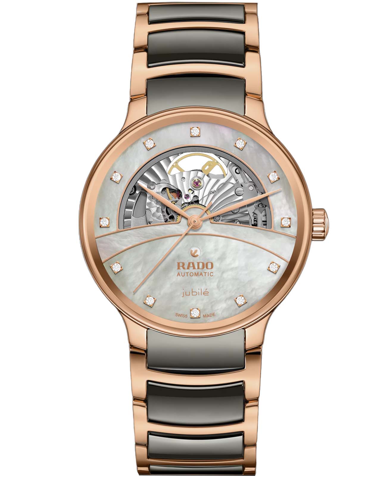 Rado Rado Centrix Automatic Diamonds Open Heart R30028912 Automatic R30028912 механические женские часы перламутровый циферблат, браслет высокотехнологичная керамика + нержавеющая сталь с pvd покрытием — вид спереди
