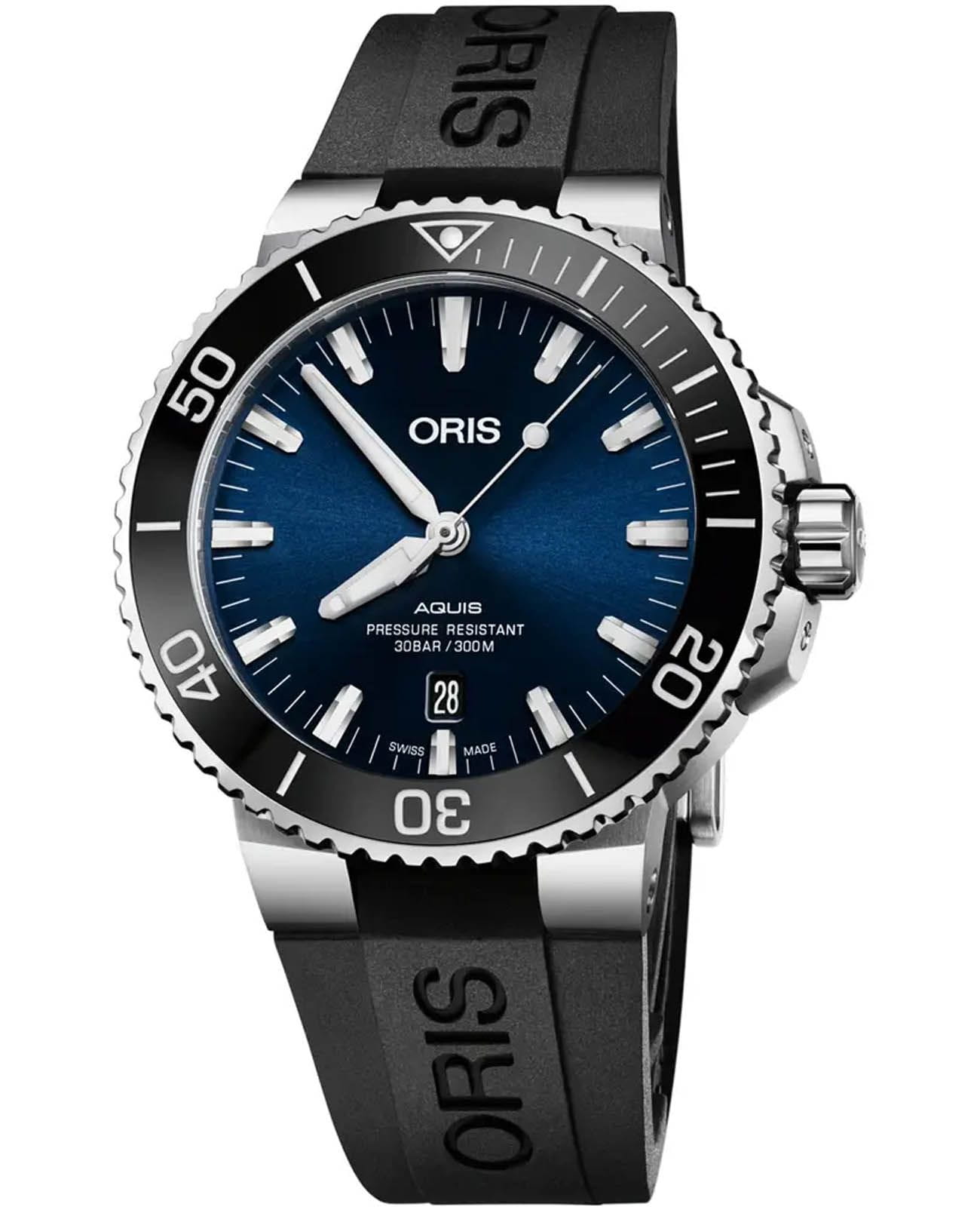 Oris Oris Aquis 01 733 7730 4135-07 4 24 64EB  01 733 7730 4135-07 4 24 64EB механические мужские часы синий циферблат, браслет каучук — вид спереди
