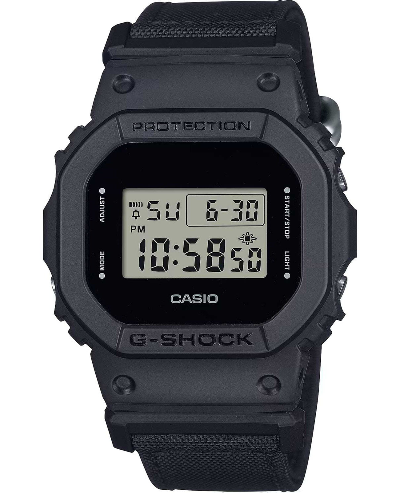 Casio Casio G-Shock DW-5600BCE-1DR (DW-5600BCE-1) DW-5600 DW-5600BCE-1 электронные мужские часы черный циферблат, браслет нейлон — вид спереди