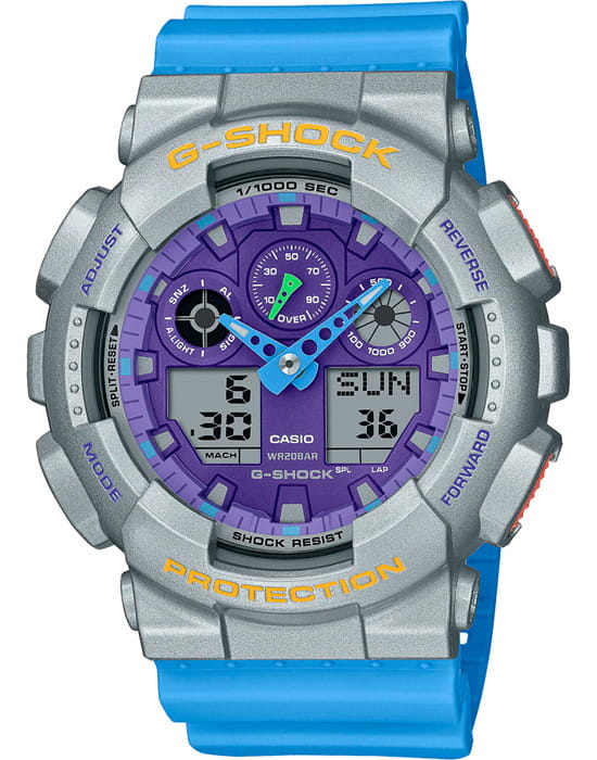 Casio Casio G-Shock GA-100EU-8A2 (GA-100EU-8A2) GA-100 GA-100EU-8A2 электронные мужские часы фиолетовый циферблат, браслет пластик — вид спереди