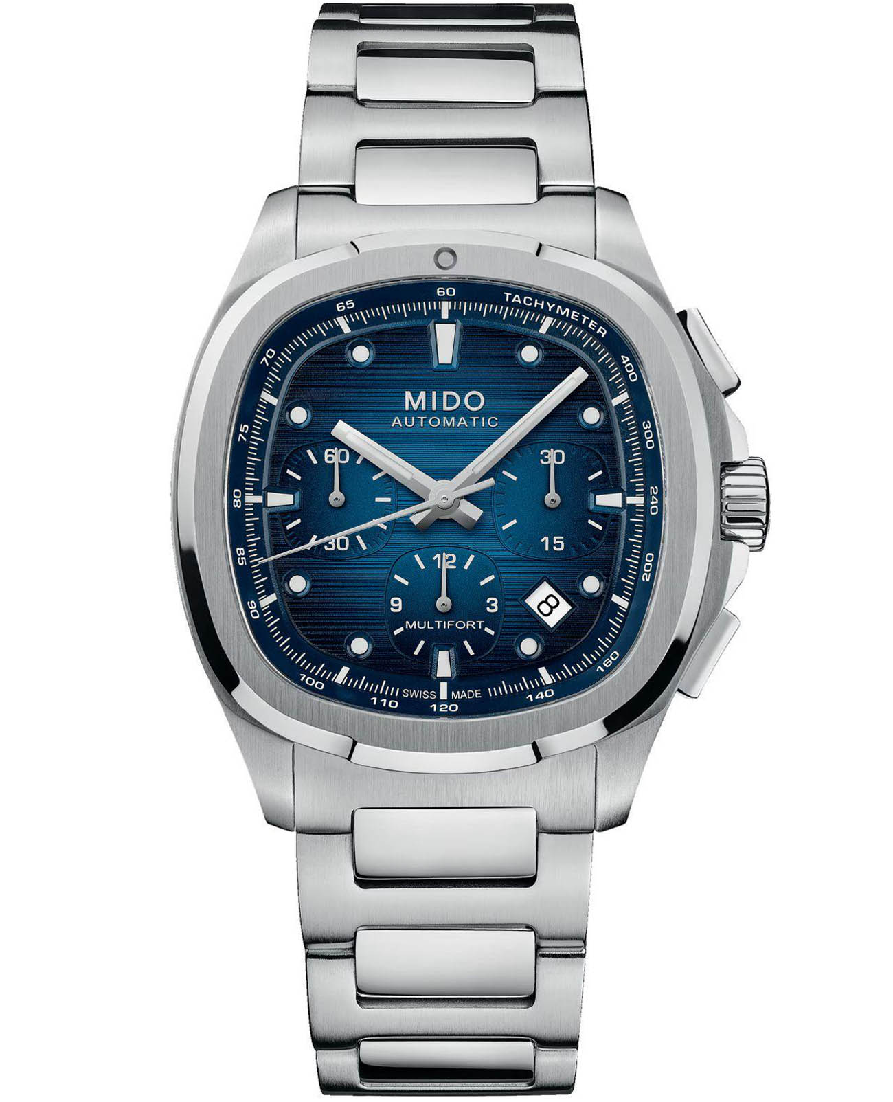 Mido Mido Multifort TV Chronograph M049.527.11.041.00  M0495271104100 механические мужские часы синий циферблат, браслет нержавеющая сталь — вид спереди
