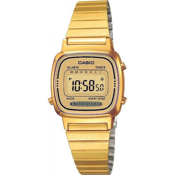 Casio Casio Collection LA670WEGA-9E Retro LA670WEGA-9E кварцевые женские часы желтый циферблат, браслет нержавеющая сталь — вид спереди