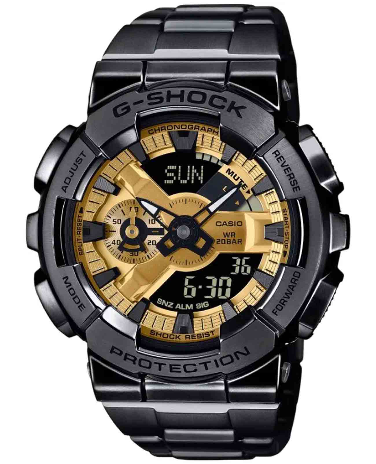 Casio Casio G-Shock GM-110BD-1A9 GM GM-110BD-1A9 электронные мужские часы золотой циферблат, браслет нержавеющая сталь с pvd-покрытием — вид спереди