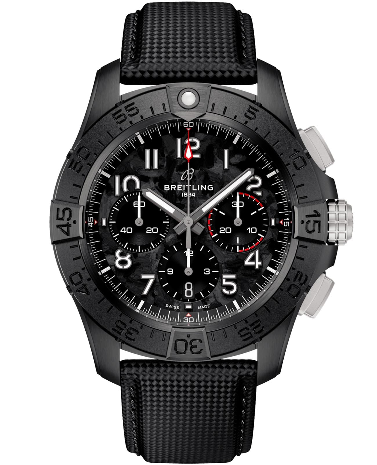 Breitling Breitling Avenger B01 Chronograph 44 Night Mission SB0147101B1X1  SB0147101B1X1 механические мужские часы черный циферблат, браслет кожаный — вид спереди