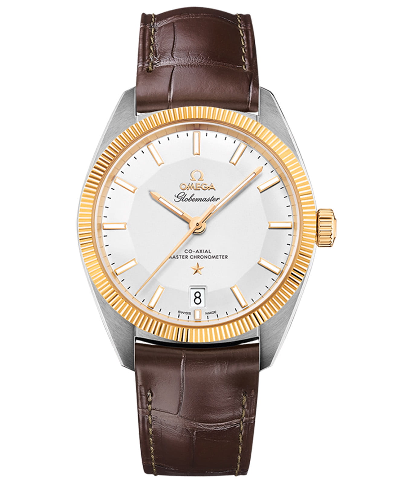 Omega Omega Constellation Globemaster 130.23.39.21.02.001 Globemaster 13023392102001 механические мужские часы серебристый циферблат, браслет кожаный — вид спереди