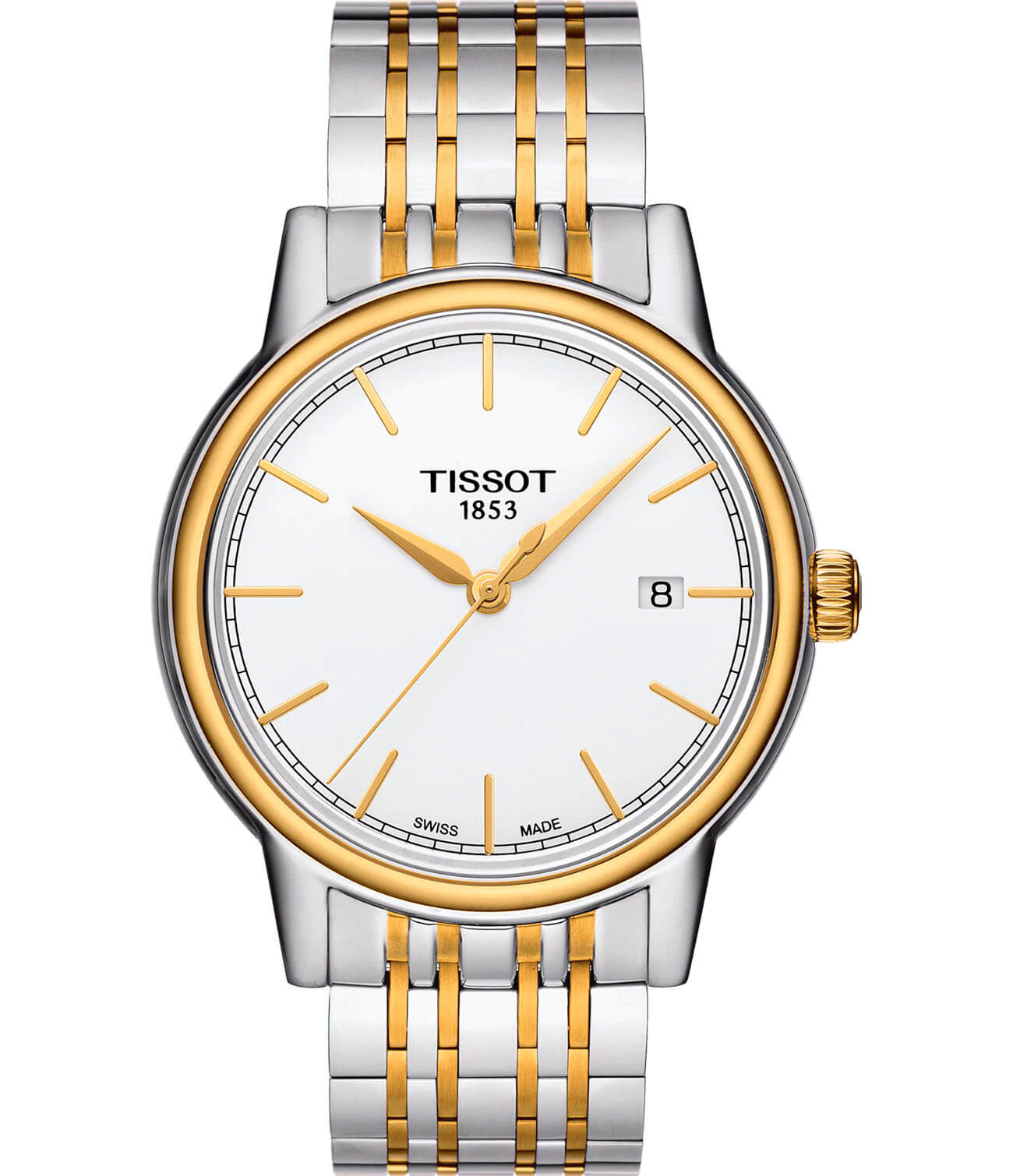 Tissot Tissot Carson T085.410.22.011.00 Carson T0854102201100 кварцевые мужские часы белый циферблат, браслет сталь c pvd покрытием — вид спереди