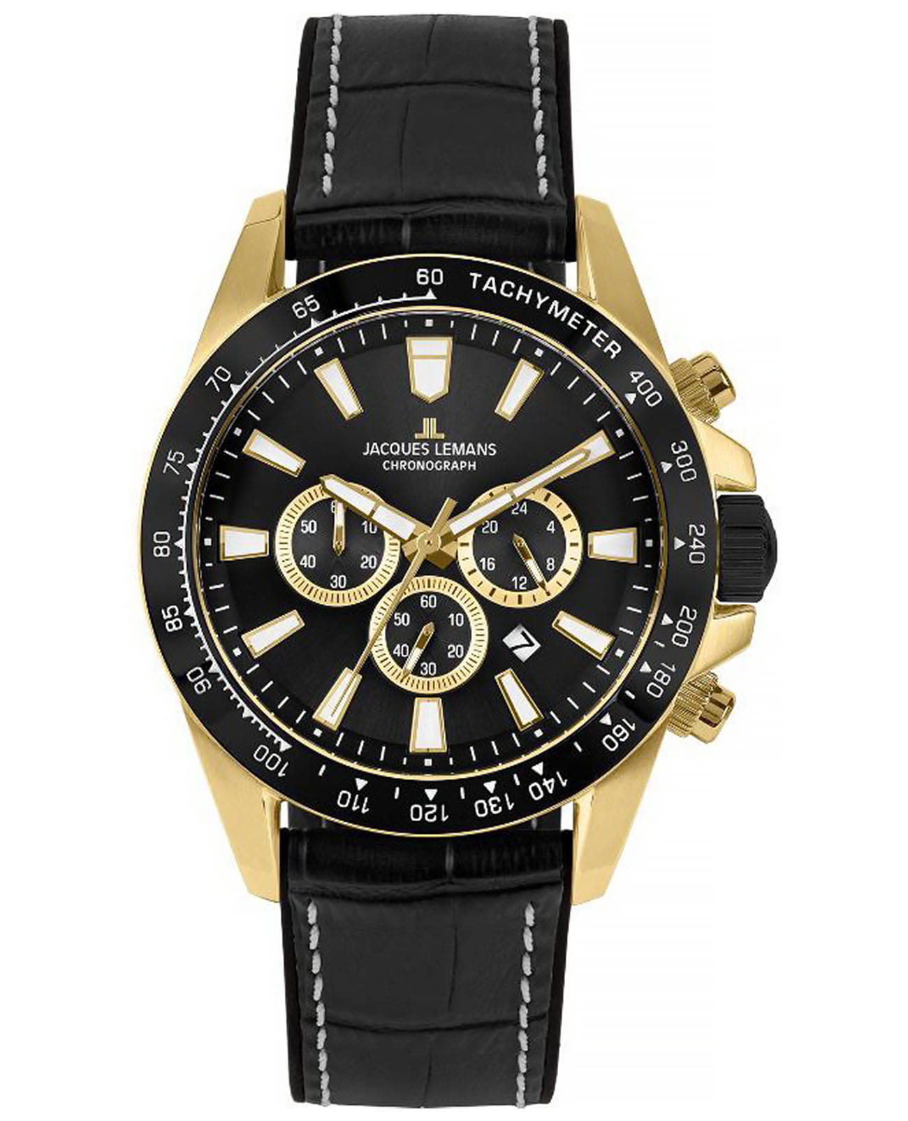 Jacques Lemans Jacques Lemans Sport 1-2140D  1-2140D кварцевые мужские часы черный циферблат, браслет кожаный — вид спереди