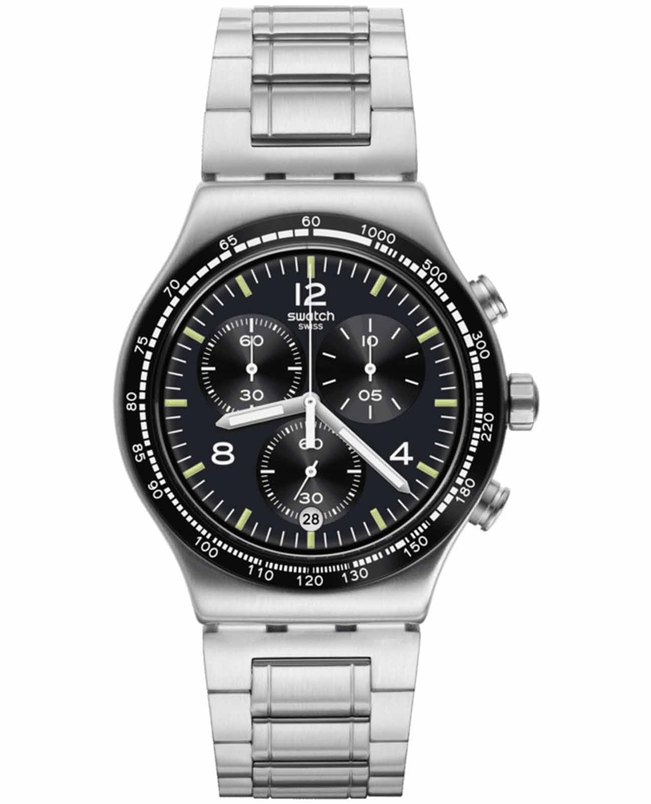 Swatch Swatch I New Chrono YVS444GC   YVS444G кварцевые женские часы черный циферблат, браслет нержавеющая сталь — вид спереди