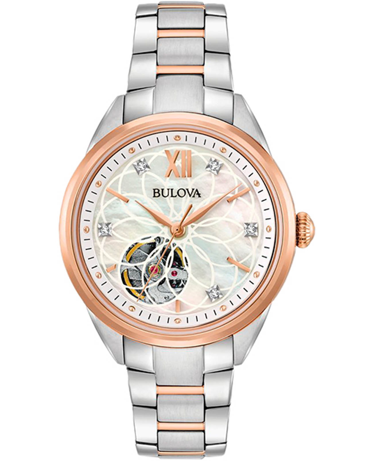 Bulova Bulova Automatic Ladies 98P170  98P170 механические женские часы перламутровый циферблат, браслет нержавеющая сталь с ip-покрытием — вид спереди