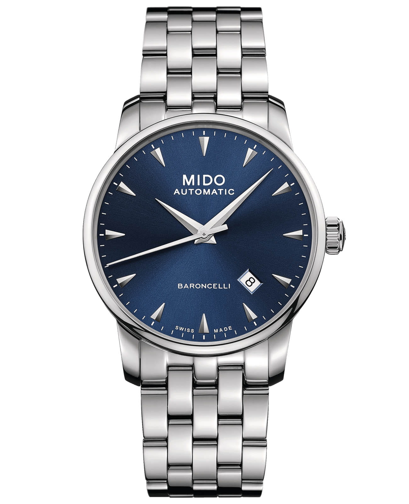 Mido Mido Baroncelli Gent M8600.4.15.1  M86004151 механические мужские часы синий циферблат, браслет нержавеющая сталь — вид спереди