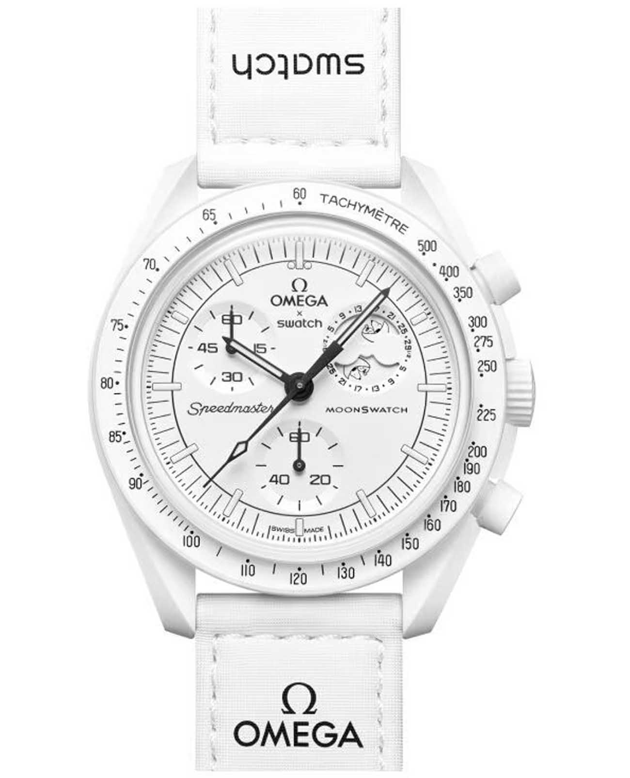 Swatch Swatch x Omega Bioceramic Moonswatch Mission to the Moonphase - Full Moon SO33W700  SO33W700 кварцевые женские часы белый циферблат, браслет нейлон — вид спереди