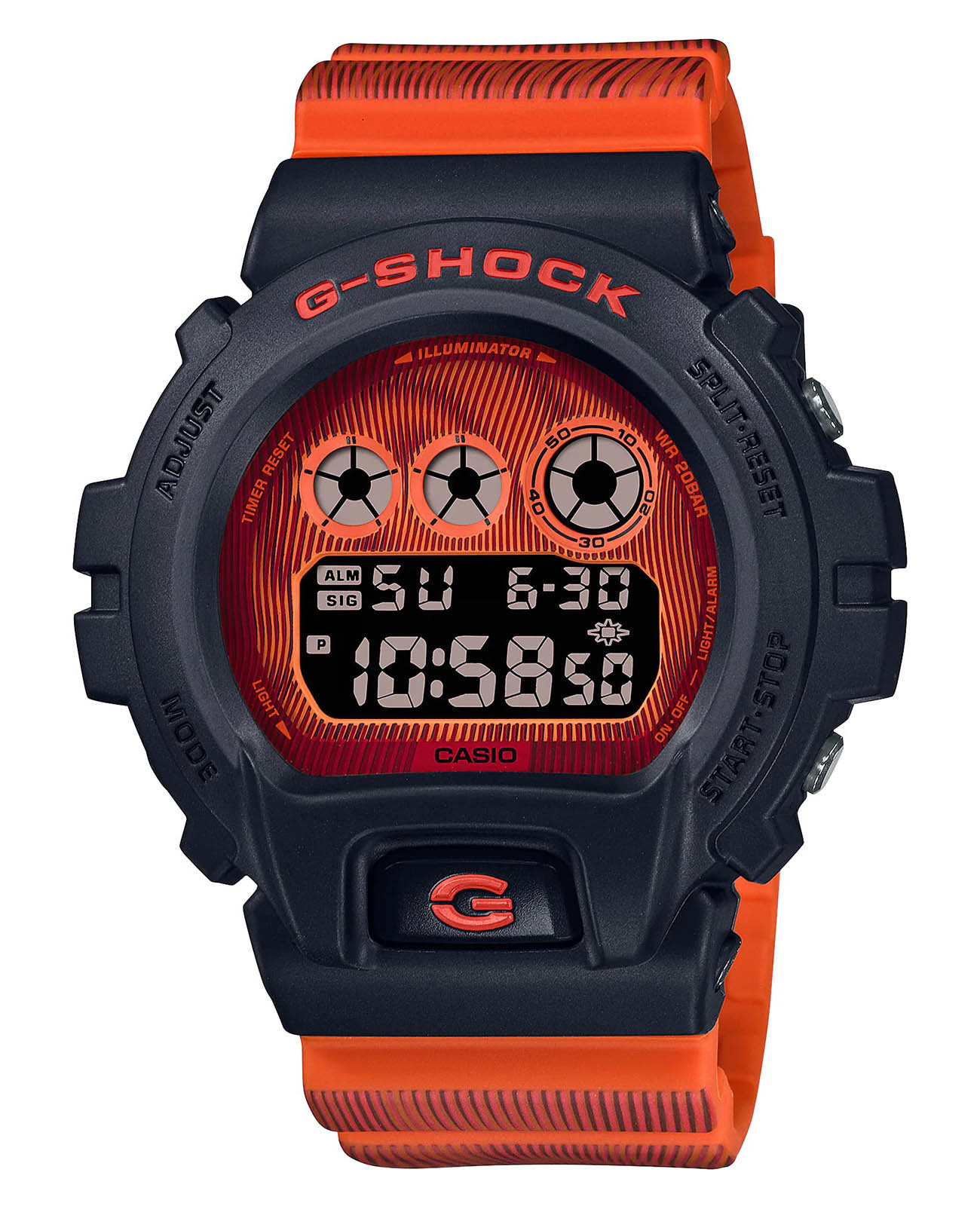Casio Casio G-Shock DW-6900TD-4DR (DW-6900TD-4)  DW-6900TD-4 электронные мужские часы красный циферблат, браслет пластик — вид спереди