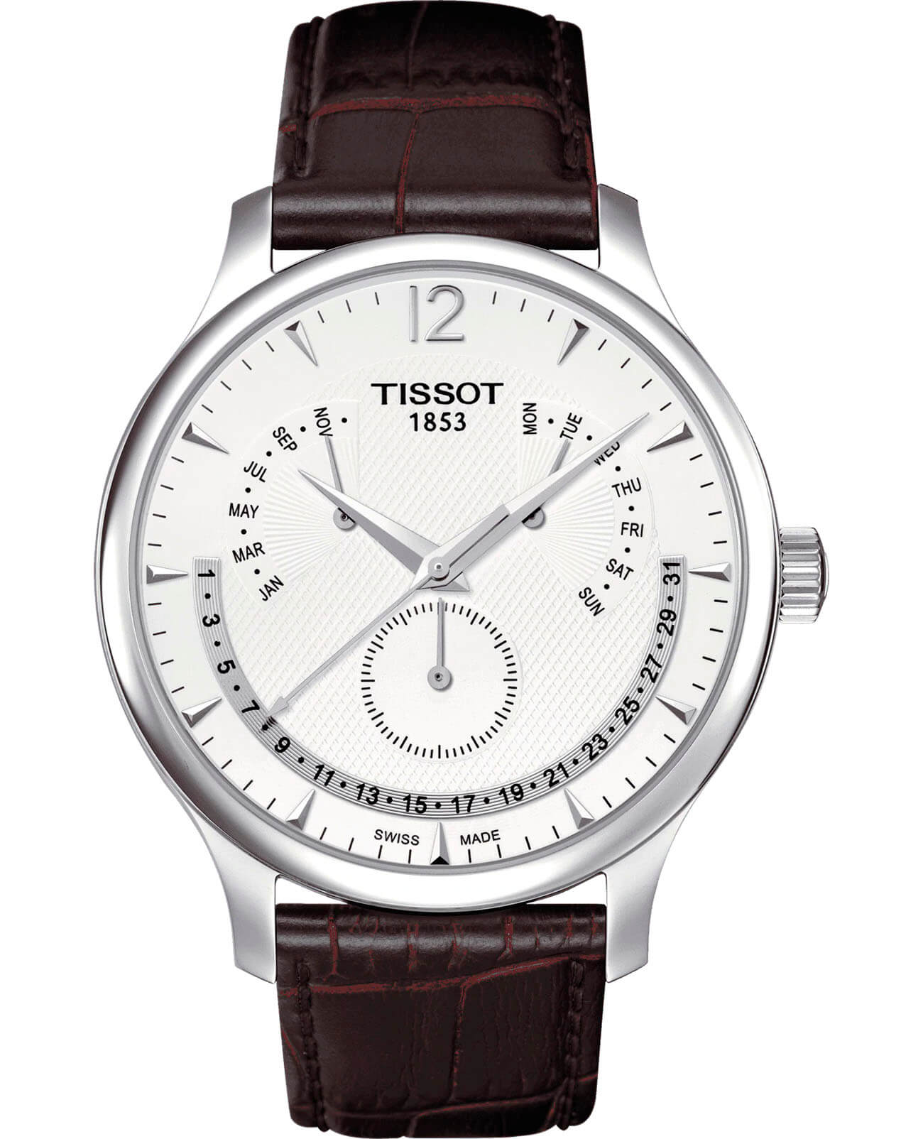 Tissot Tissot Tradition Perpetual Calendar T063.637.16.037.00 Tradition T0636371603700 кварцевые мужские часы белый циферблат, браслет кожаный — вид спереди