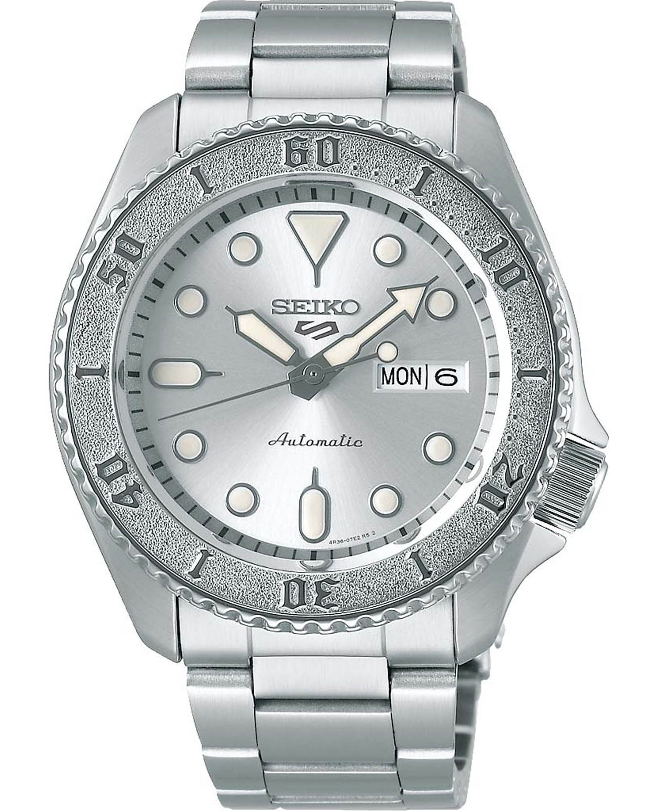 Seiko Seiko 5 Sports SRPE71K1  SRPE71K1 механические мужские часы серебристый циферблат, браслет нержавеющая сталь — вид спереди