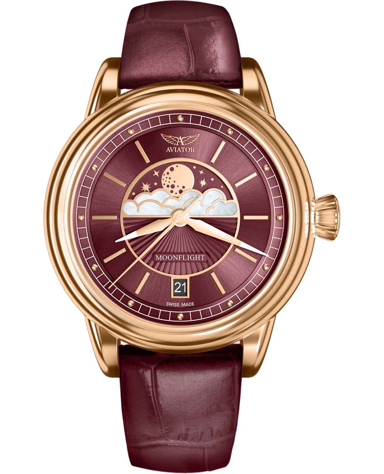 Aviator Aviator Douglas MoonFlight V.1.33.2.265.4  V.1.33.2.265.4 кварцевые женские часы красный циферблат, браслет кожаный — вид спереди