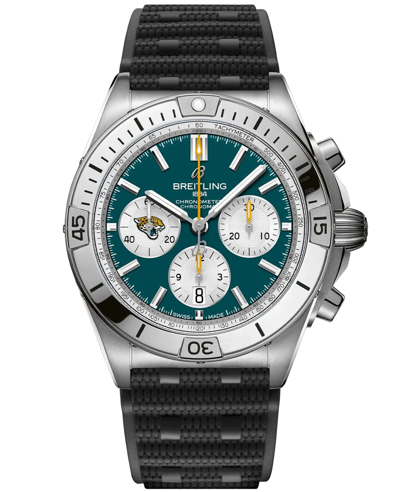 Breitling Breitling Chronomat B01 42 NFL Jacksonville Jaguars Edition AB01342B1L3S1  AB01342B1L3S1 механические мужские часы бирюзовый циферблат, браслет каучук — вид спереди