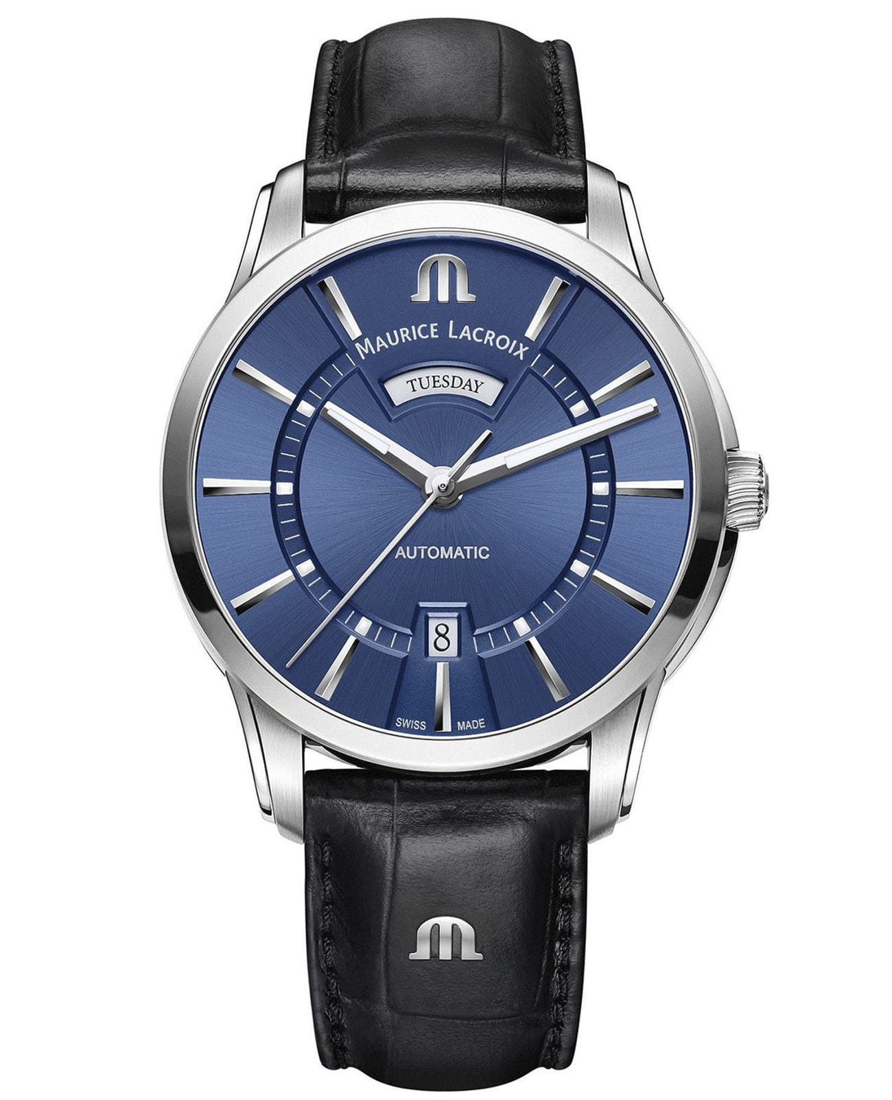 Maurice Lacroix Maurice Lacroix Pontos Day Date PT6358-SS001-430-1  PT6358-SS001-430-1 механические мужские часы синий циферблат, браслет кожаный — вид спереди