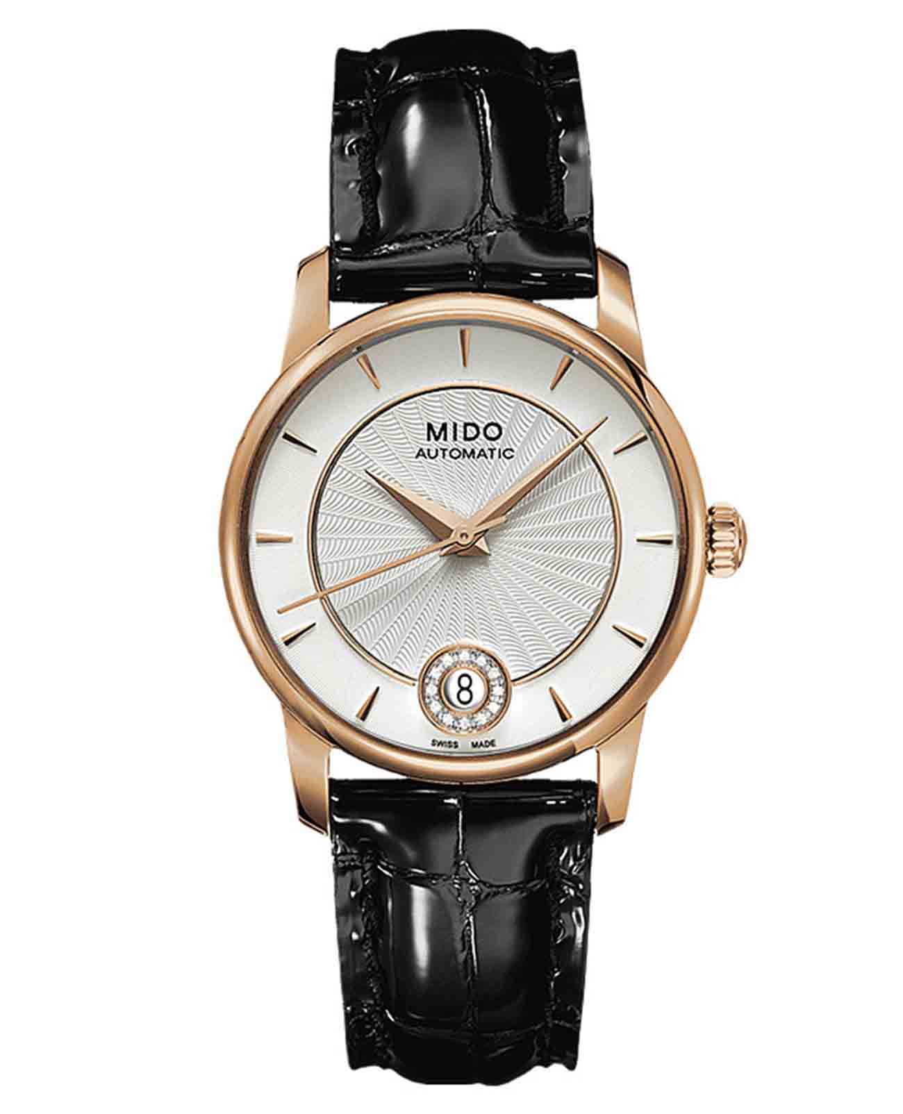 Mido Mido Baroncelli II Lady M007.207.36.036.00  M0072073603600 механические женские часы белый циферблат, браслет кожаный — вид спереди