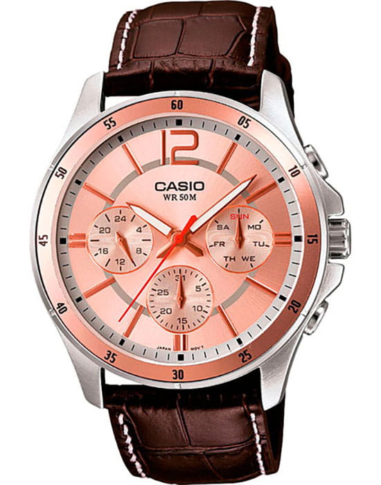 Casio Casio MTP-1374L-9A  MTP-1374L-9A кварцевые мужские часы розовый циферблат, браслет кожаный — вид спереди