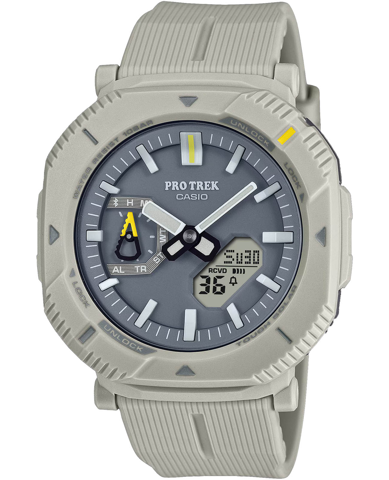 Casio Casio Pro Trek PRJ-B001-7DR (PRJ-B001-7)  PRJ-B001-7DR кварцевые мужские часы серый циферблат, браслет пластик — вид спереди