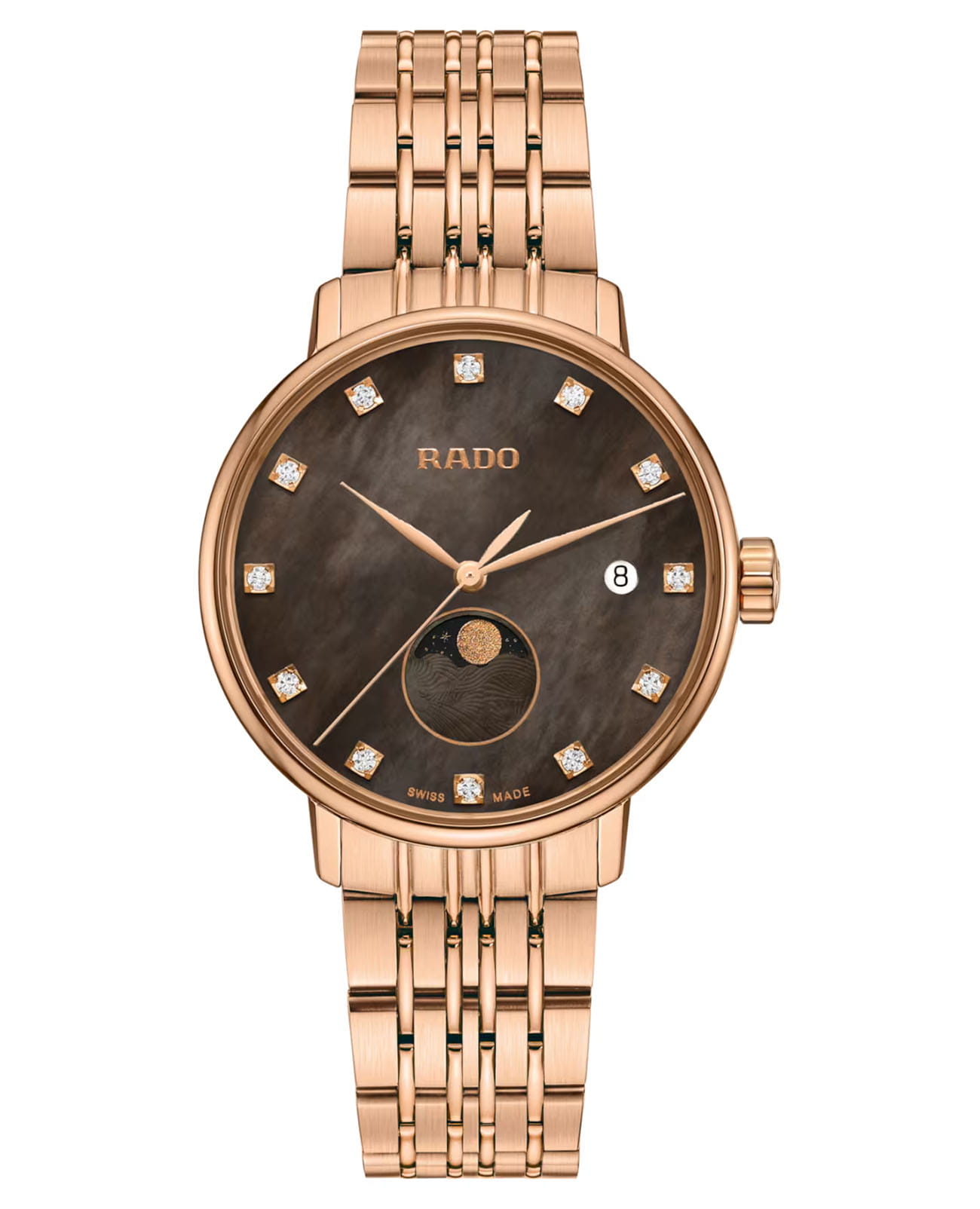 Rado Rado Coupole Diamonds Moonphase R22885903  R22885903 кварцевые женские часы коричневый циферблат, браслет нержавеющая сталь с pvd-покрытием — вид спереди