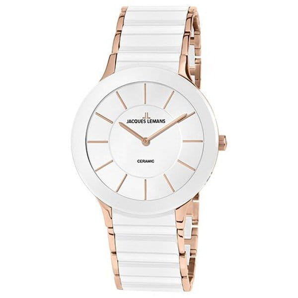 Jacques Lemans Jacques Lemans 1-1856D  1-1856D кварцевые женские часы белый циферблат, браслет сталь + ip + керамика — вид спереди