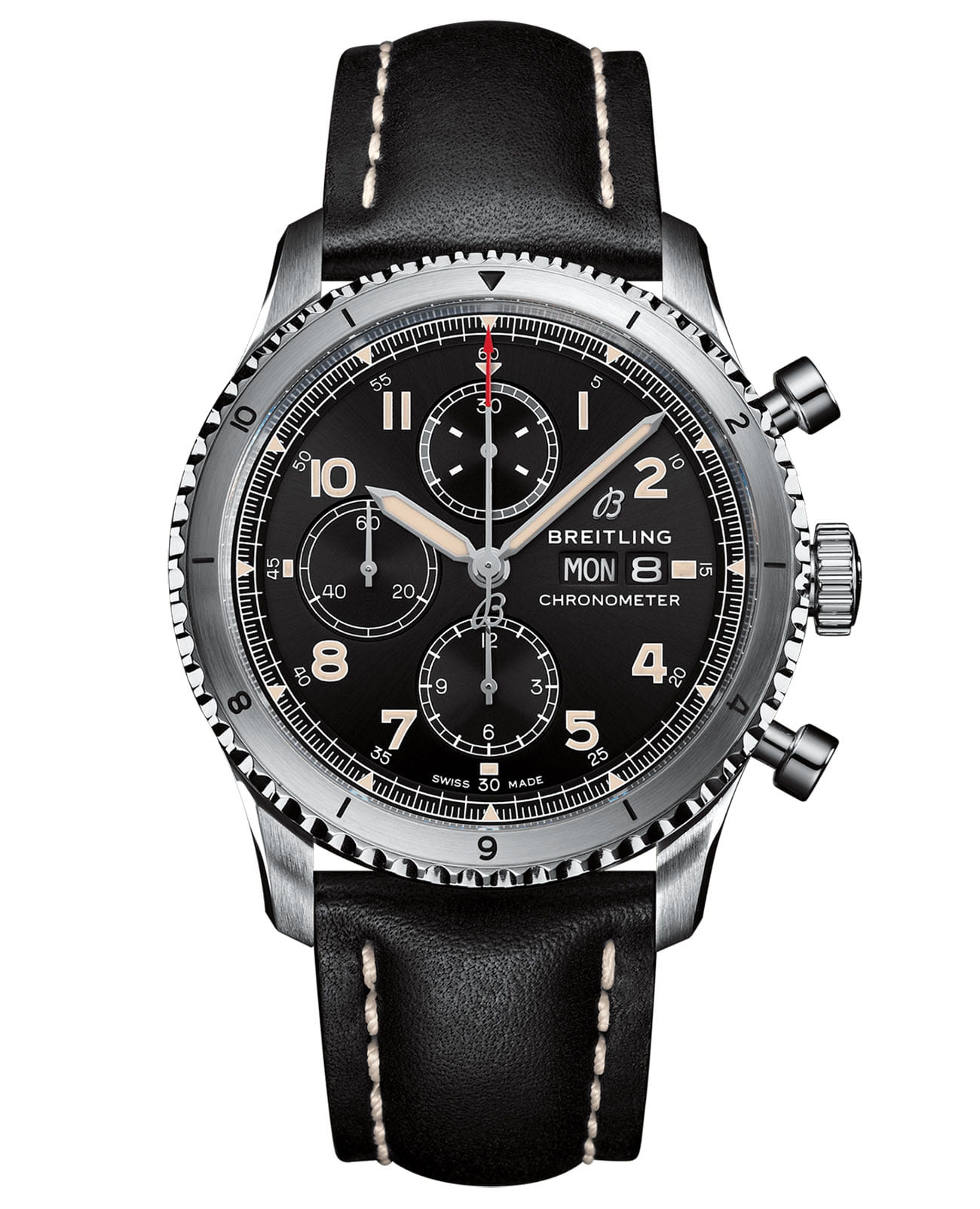 Breitling Breitling Aviator 8 Chronograph 43 A13316101B1X2  A13316101B1X2 механические мужские часы черный циферблат, браслет кожаный — вид спереди
