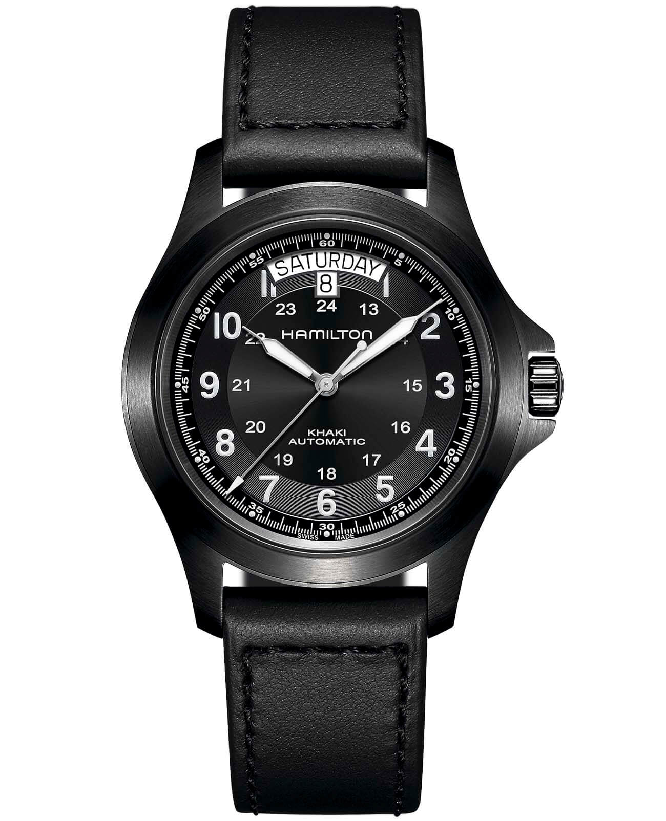 Hamilton Hamilton Khaki Field King H64465733  H64465733 механические мужские часы черный циферблат, браслет кожаный — вид спереди