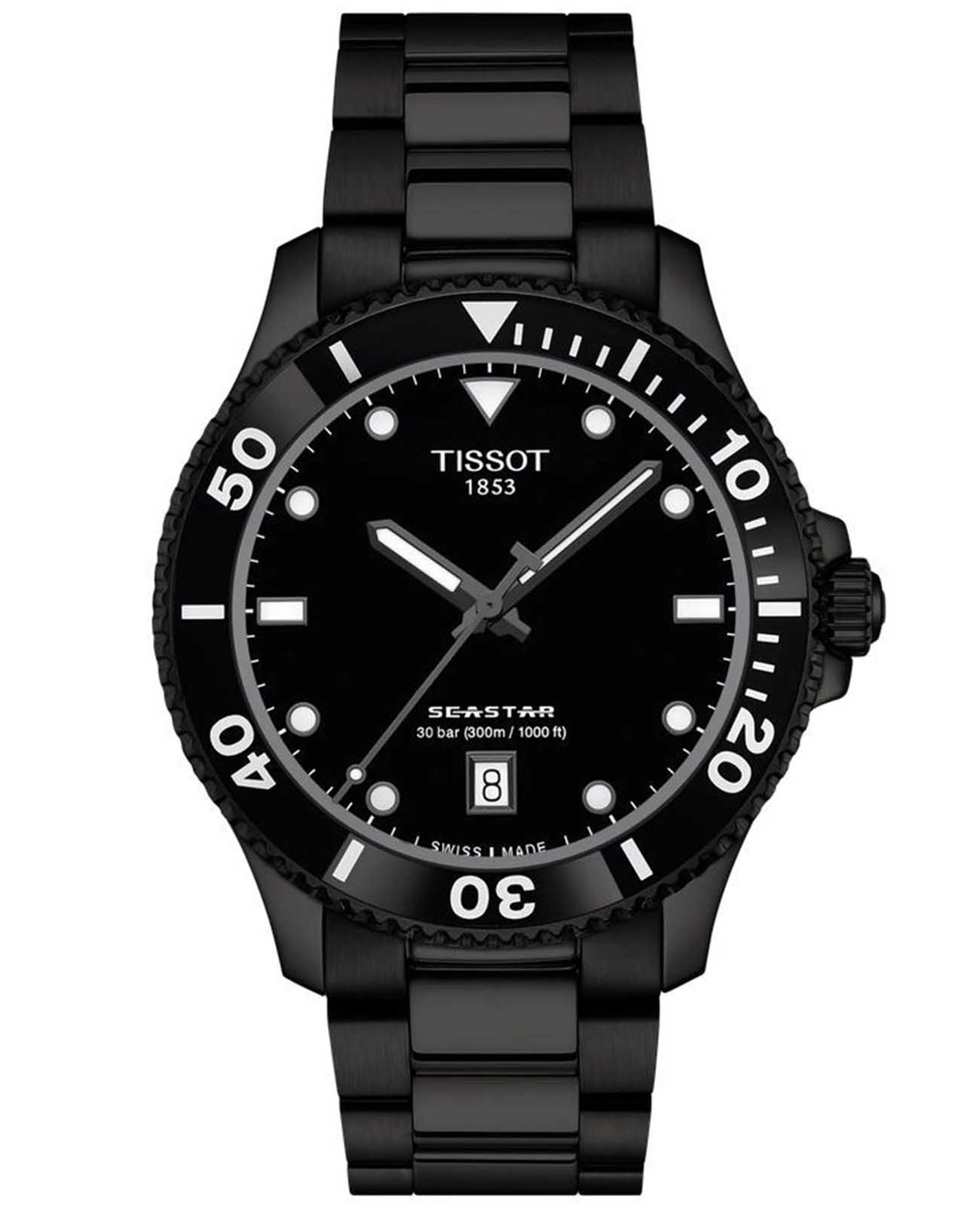 Tissot Tissot Seastar 1000 Quartz 40mm T120.410.33.051.00 Seastar 1000 T1204103305100 кварцевые мужские часы черный циферблат, браслет сталь c pvd покрытием — вид спереди