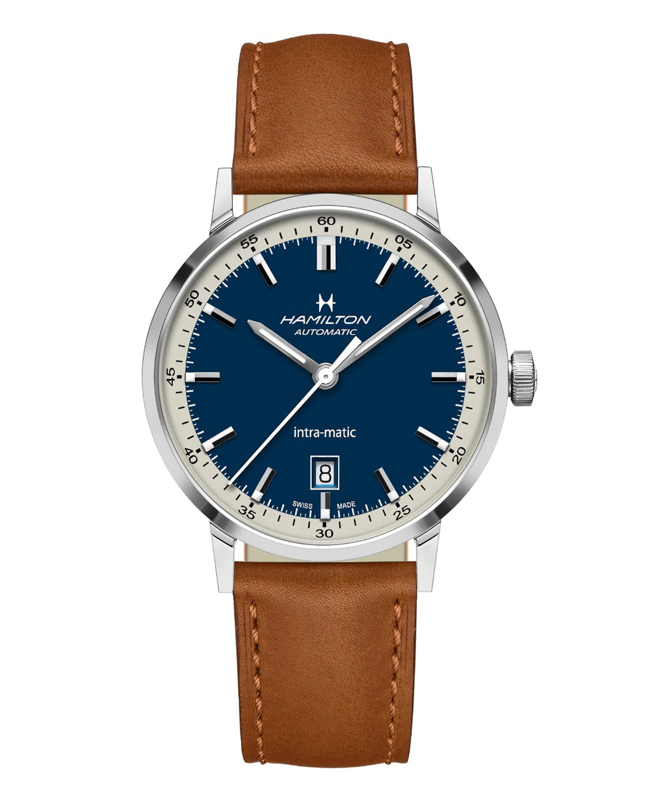 Hamilton Hamilton American Classic Intra-Matic Auto H38425540   H38425540  механические мужские часы синий циферблат, браслет кожаный — вид спереди