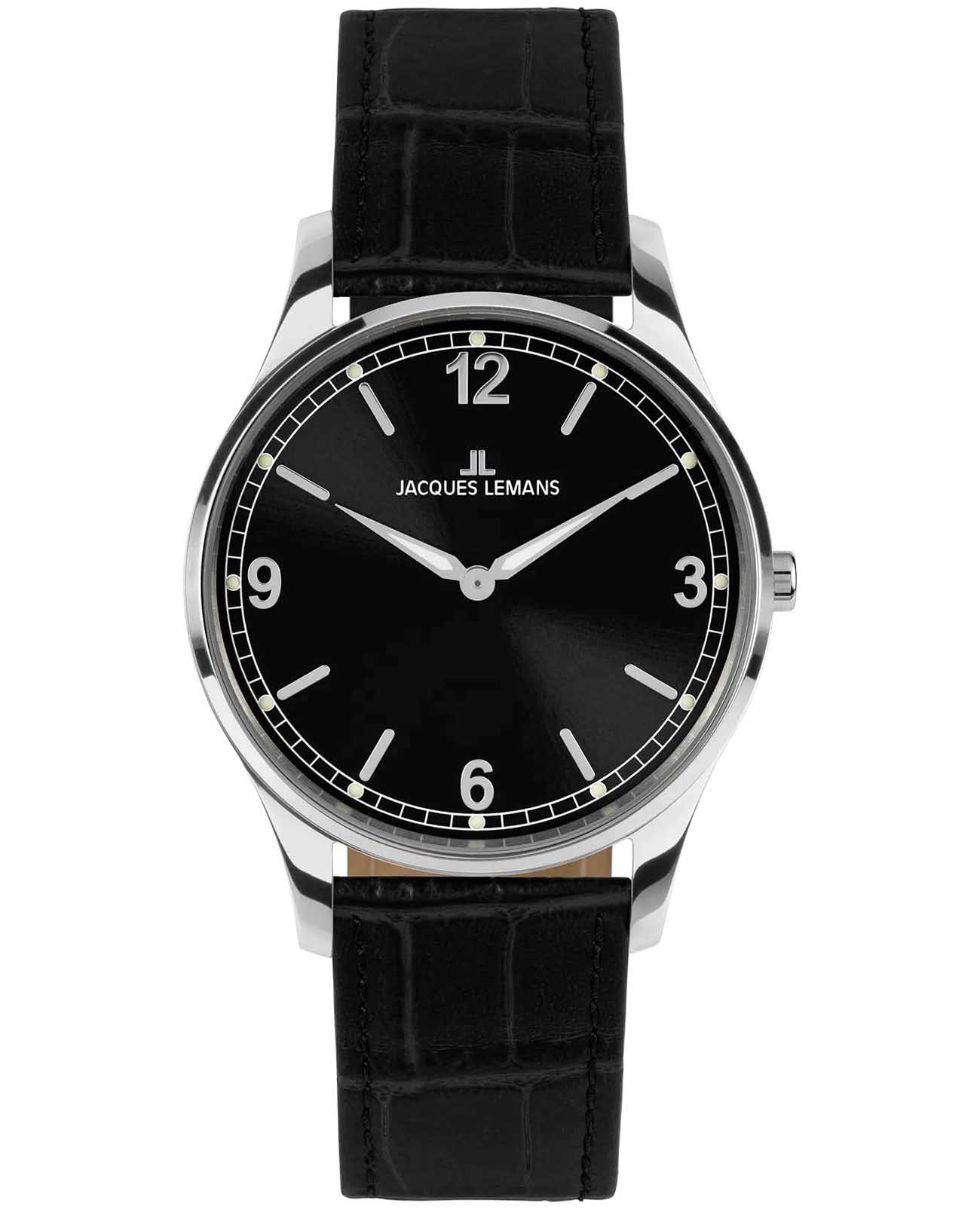 Jacques Lemans Jacques Lemans London 1-2129A  1-2129A кварцевые женские часы черный циферблат, браслет кожаный — вид спереди