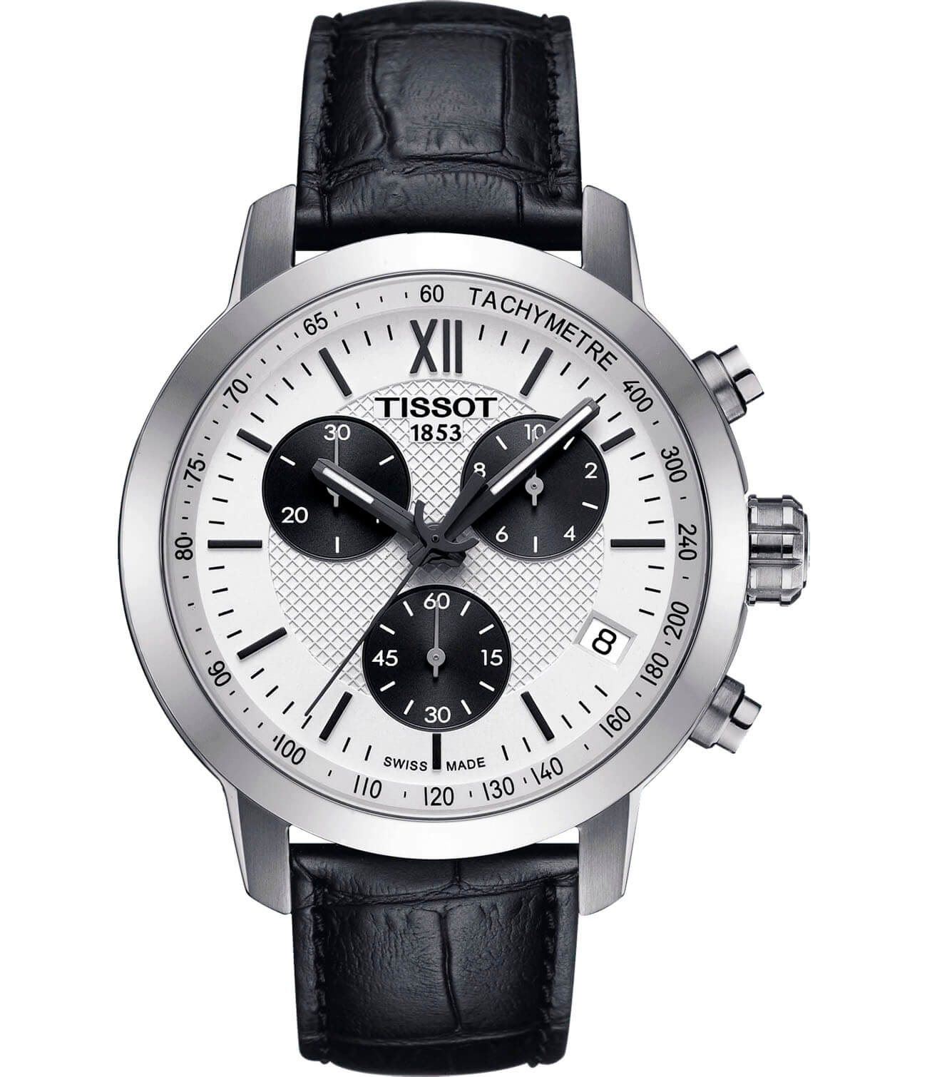 Tissot Tissot PRC 200 Fencing Chronograph T055.417.16.038.00  T0554171603800 кварцевые мужские часы белый циферблат, браслет кожаный — вид спереди