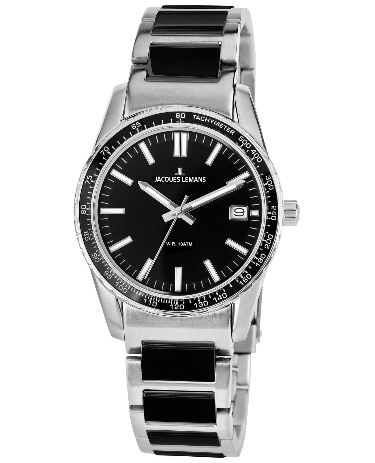 Jacques Lemans Jacques Lemans 1-2060G  1-2060G кварцевые мужские часы черный циферблат, браслет нержавеющая сталь 316l + полиуретан — вид спереди