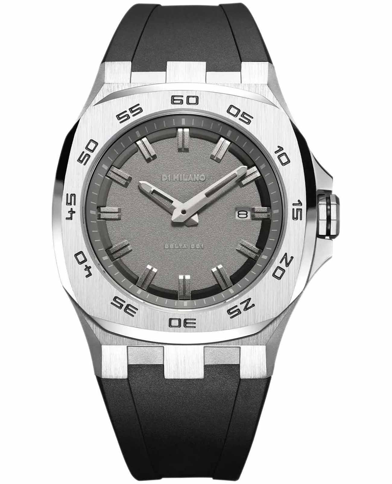 D1 Milano D1 Milano Delta 001 DTRJ01  DTRJ01 кварцевые мужские часы серый циферблат, браслет каучук — вид спереди