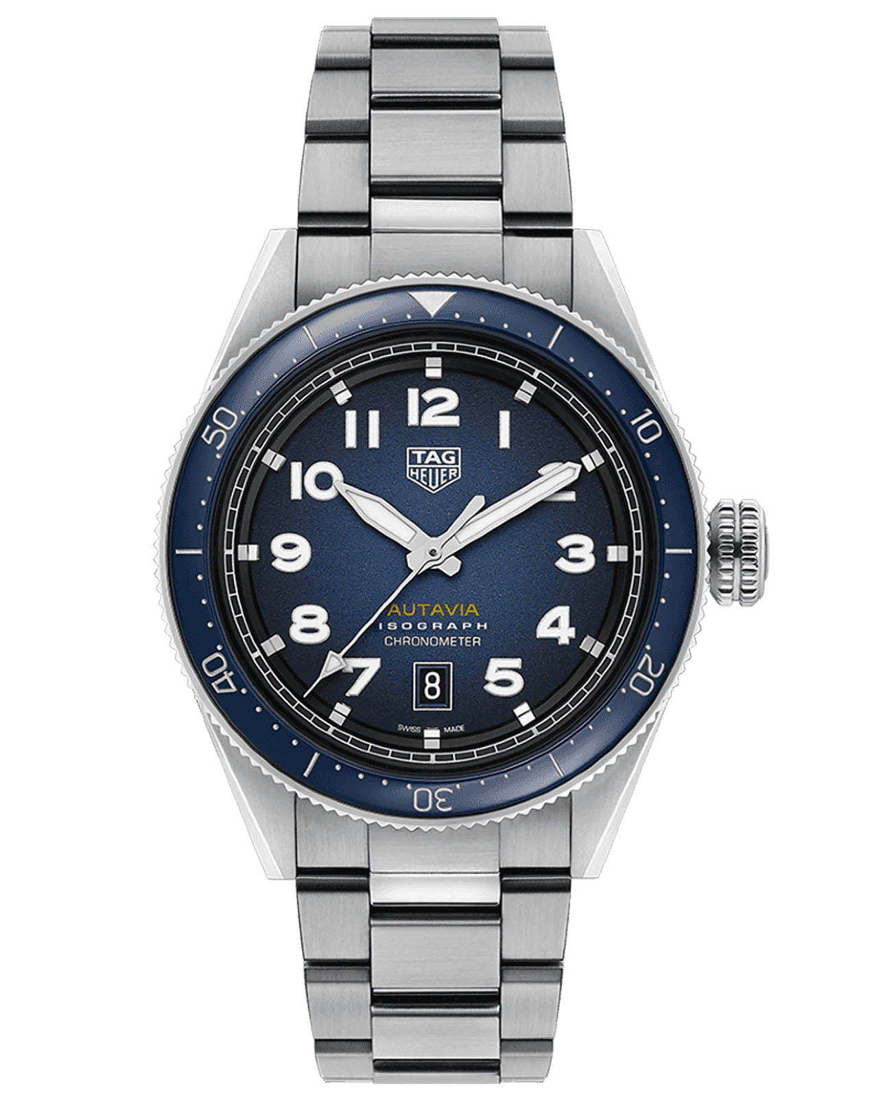 TAG Heuer TAG Heuer Autavia WBE5112.EB0173  WBE5112.EB0173 механические мужские часы синий циферблат, браслет нержавеющая сталь — вид спереди