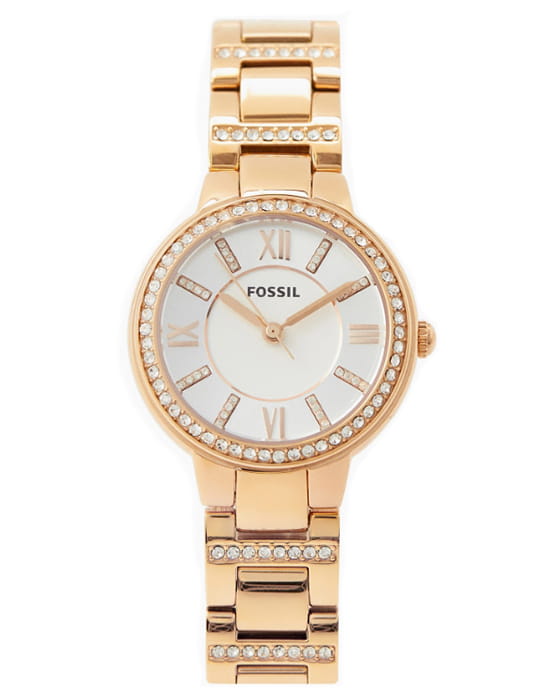 Fossil Fossil Carlie  ES3284  ES3284 кварцевые женские часы серый циферблат, браслет нержавеющая сталь + золото 18к — вид спереди