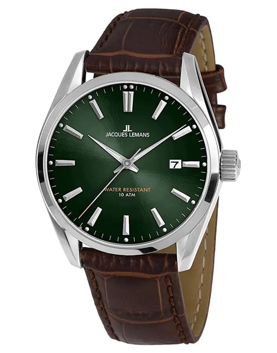 Jacques Lemans Jacques Lemans Classic 1-1859D  1-1859D кварцевые мужские часы зеленый циферблат, браслет кожаный — вид спереди