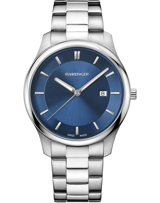Wenger 01.1441.117  01.1441.117 кварцевые мужские часы синий циферблат, браслет нержавеющая сталь — вид спереди