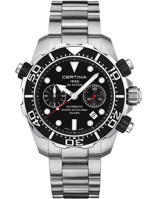 Certina Certina C013.427.11.051.00  C0134271105100 механические мужские часы черный циферблат, браслет нержавеющая сталь — вид спереди