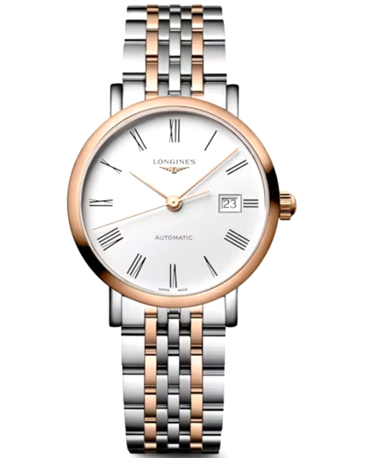 Longines Longines Elegance Elegant Collection 29 мм L4.310.5.18.7  L43105187 механические женские часы белый циферблат, браслет нержавеющая сталь и 18 каратное розовое золото — вид спереди