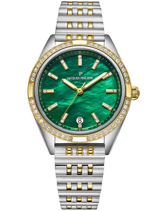 Jacques Philippe Jacques Philippe Radiante JPQLS687398  JPQLS687398 кварцевые женские часы зеленый циферблат, браслет нержавеющая сталь с pvd-покрытием — вид спереди